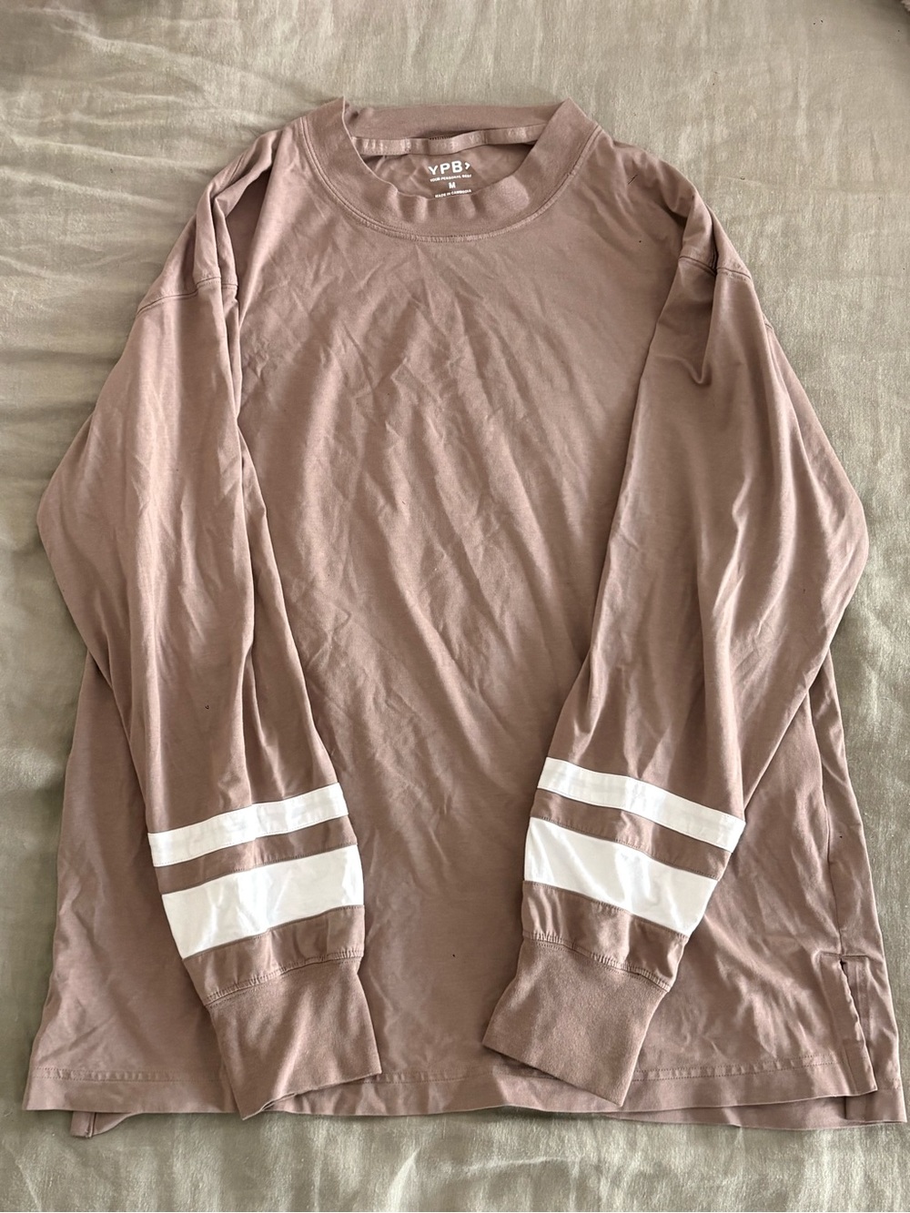 Abercrombie & Fitch Tan Long Sleeve Tee with White Sleeve Stripes